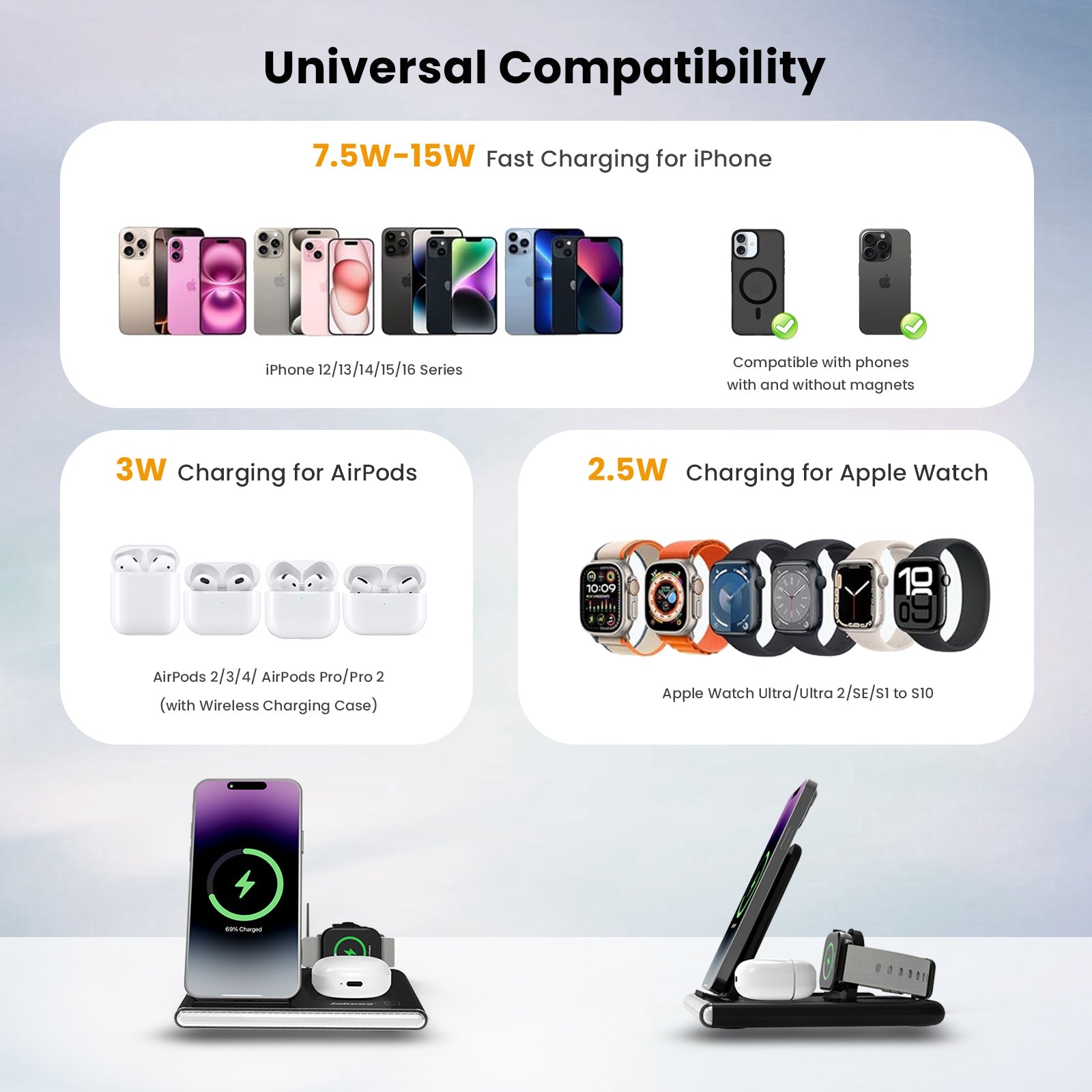 GearTick 4-in-1 Foldable Wireless Charging Station – iPhone, Apple Watch, AirPods & More with LED Night Light (2 Colors)