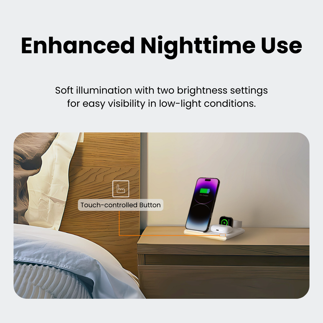 GearTick 4-in-1 Foldable Wireless Charging Station – iPhone, Apple Watch, AirPods & More with LED Night Light (2 Colors)