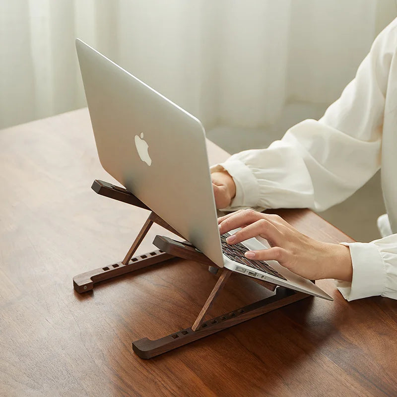 GearTick Foldable Wood Laptop Stand – 8-Level Height Adjustable Bamboo & Walnut Holder for MacBook & Laptops 11-17"