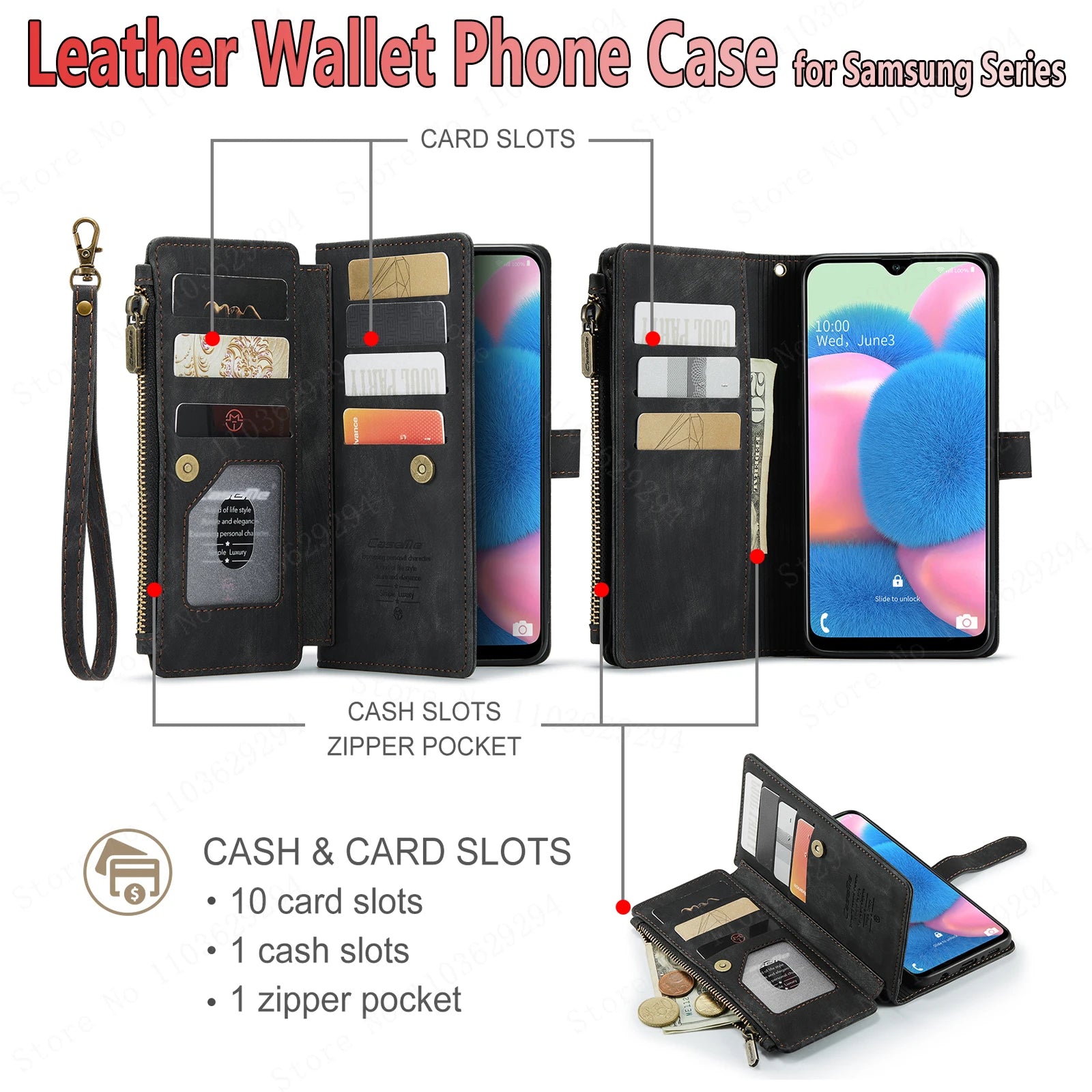 GearTick Leather Phone Wallet Case – Multi-Card Slot Zipper with Kickstand for Samsung Galaxy
