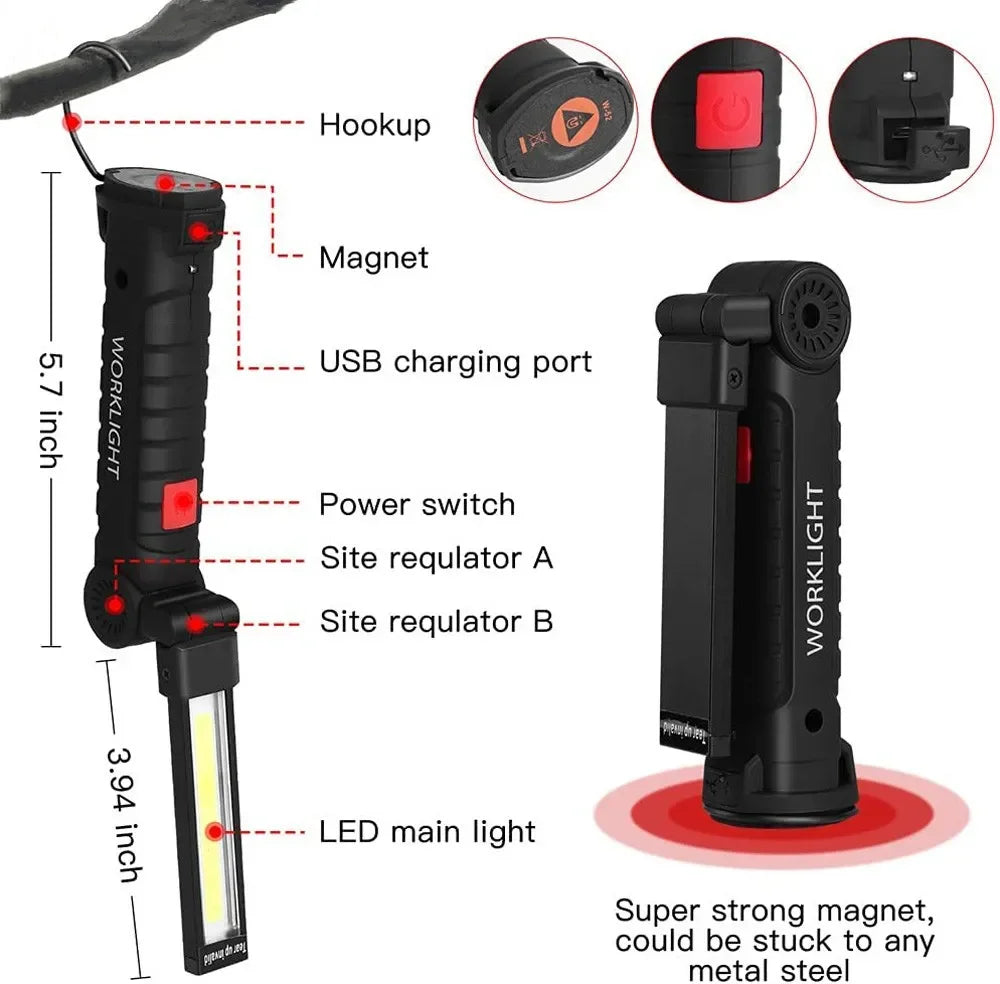 GearTick COB LED Work Light – USB Rechargeable Magnetic Flashlight & Camping Lantern with Built-in Battery