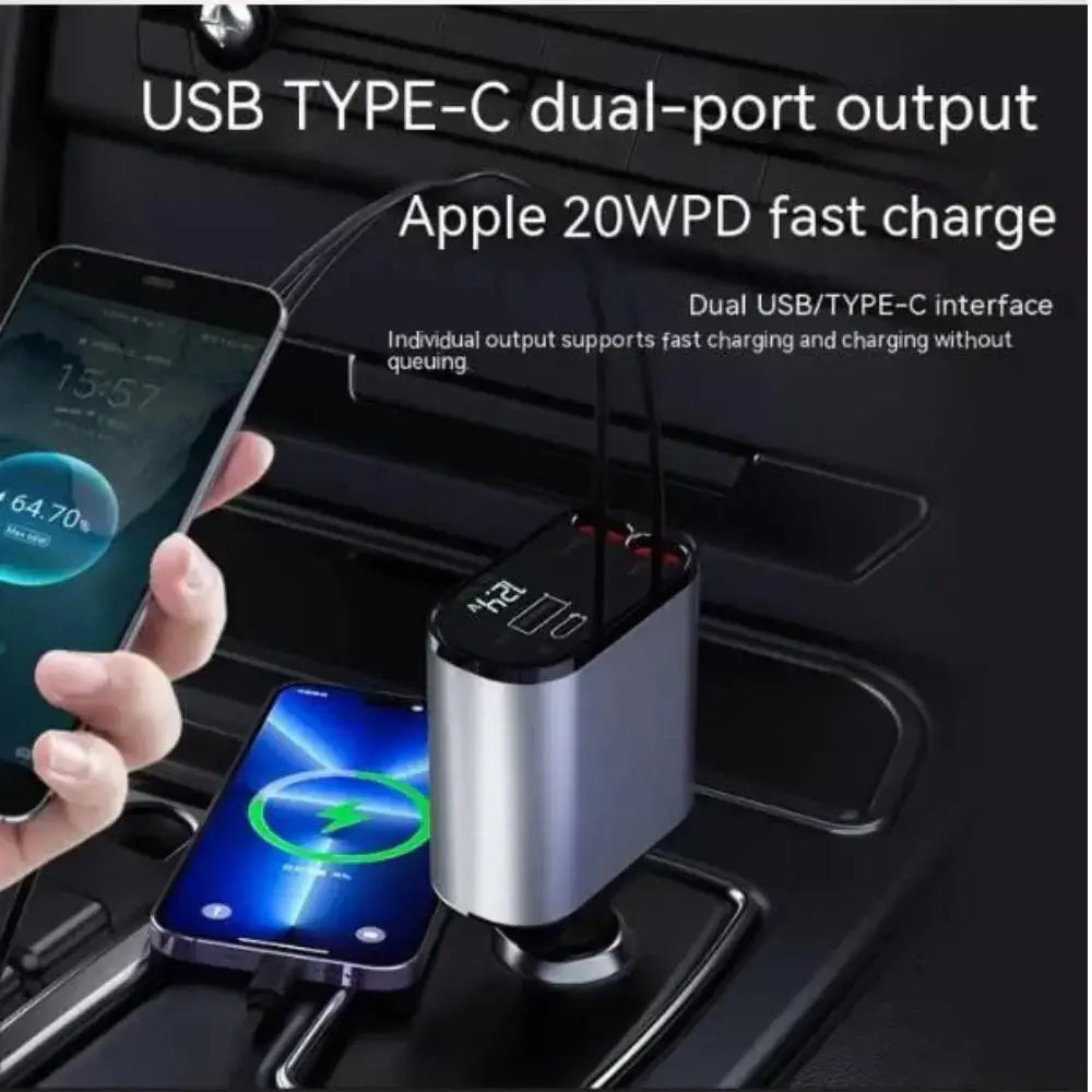GearTick 100W Fast Car Charger – Dual USB & USB-C for iPhone, Android & More (3 Cable Types)
